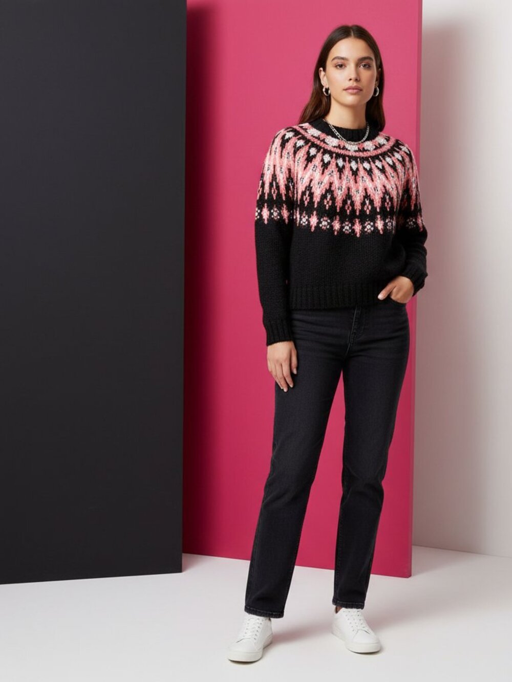 Hooked Up by IOT Fair Isle Crewneck Sweater NWT Black Pink Small Cozy Winter